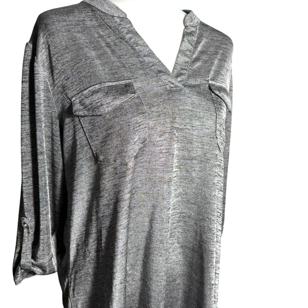 COCOMO Women 3X Heather Gray Roll Tab Short Sleeve Chest Pockets Boyfriend Shirt